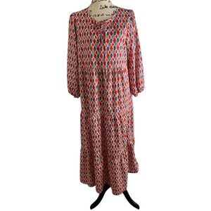 Women’s Maxi Midi Dress Size Large Tiered Colorful Cross Print Boho 3/4 Sleeve